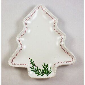 Sleigh Bell Bistro Shallow Tree Shaped Dish Noel Believe Joy Merry Ceramic